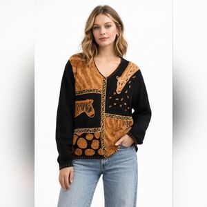 Vintage Lisa International Safari Jungle Africa Animal Print Sweater Women's XL